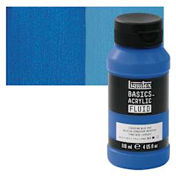 Liquitex Basics Acrylic Fluid Paint - Cerulean Blue Hue, 118 ml bottle and swatch