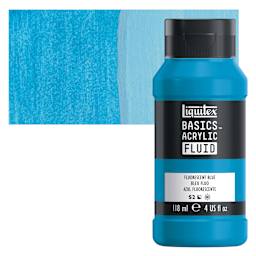 Liquitex Basics Acrylic Fluid Paint - Fluorescent Blue, 118 ml bottle and swatch