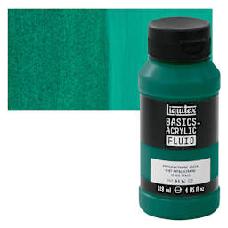 Liquitex Basics Acrylic Fluid Paint - Phthalocyanine Green, 118 ml bottle and swatch
