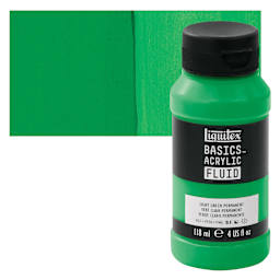 Liquitex Basics Acrylic Fluid Paint - Light Green Permanent, 118 ml bottle and swatch