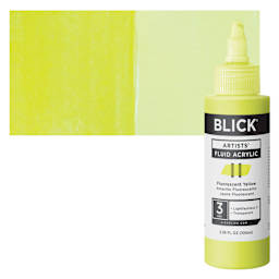 Blick Artists’ Fluid Acrylic Imperfect Packaging - Fluorescent Yellow, 100 ml bottle and swatch