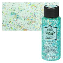 FolkArt Glitterific Pastel Paint - Pastel Mint, 2 oz, bottle with swatch