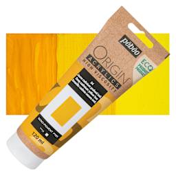 Pebeo Origin Acrylic Paint - Deep Cadmium Yellow Hue, 120 ml tube and swatch