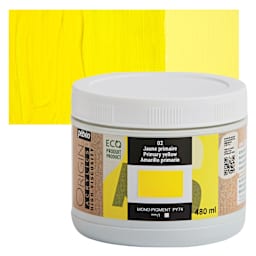 Pebeo Origin Acrylic Paint - Primary Yellow, 480 ml jar and swatch