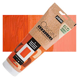 Pebeo Origin Acrylic Paint - Cadmium Orange Hue, 240 ml tube and swatch