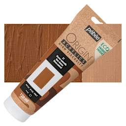 Pebeo Origin Acrylic Paint - Raw Sienna, 120 ml tube and swatch