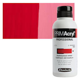 Schmincke Primacryl Professional Fluid Acrylic - Cadmium Red Medium, 250 ml bottle and swatch