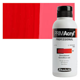Schmincke Primacryl Professional Fluid Acrylic - Vermilion Red, 250 ml bottle and swatch