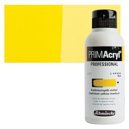 Schmincke Primacryl Professional Fluid Acrylic - Cadmium Yellow Medium, 250 ml bottle and swatch