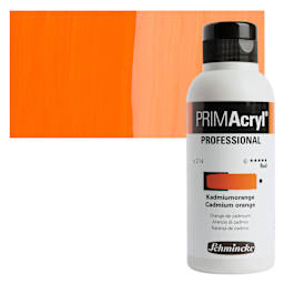Schmincke Primacryl Professional Fluid Acrylic - Cadmium Orange, 250 ml bottle and swatch