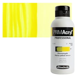 Schmincke Primacryl Professional Fluid Acrylic - Hansa Yellow Lemon, 250 ml bottle and swatch