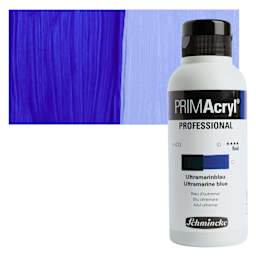 Schmincke Primacryl Professional Fluid Acrylic - Ultramarine Blue, 250 ml bottle and swatch