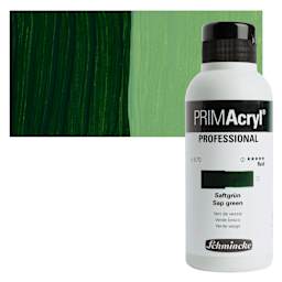 Schmincke Primacryl Professional Fluid Acrylic - Sap Green, 250 ml bottle and swatch