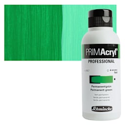 Schmincke Primacryl Professional Fluid Acrylic - Permanent Green, 250 ml bottle and swatch