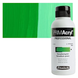 Schmincke Primacryl Professional Fluid Acrylic - Vanadium Green, 250 ml bottle and swatch