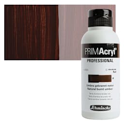 Schmincke Primacryl Professional Fluid Acrylic - Natural Burnt Umber, 250 ml bottle and swatch