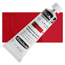 Schmincke Primacryl Professional Acrylic Paint - Cadmium Red Deep, 35 ml Tube and swatch