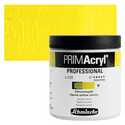 Schmincke Primacryl Professional Acrylic Paint - Hansa Yellow Lemon, 237 ml Jar and swatch