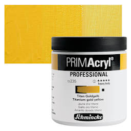 Schmincke Primacryl Professional Acrylic Paint - Titanium Gold Yellow, 237 ml Jar and swatch