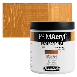 Schmincke Primacryl Professional Acrylic Paint - Yellow Ochre, 237 ml Jar and swatch