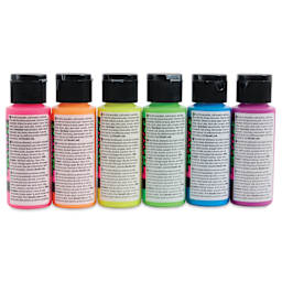 DecoArt Black Light Neon Acrylic Paint Set - Set of 6, 2 oz, back of bottles