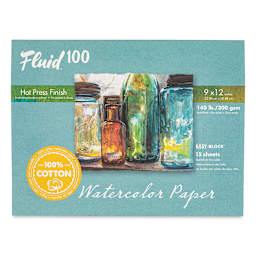 Fluid 100 Watercolor Paper Block - 9" x 12", Pkg of 15 Sheets, 140 lb, Hot Press