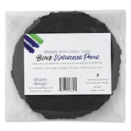 Shizen Black Watercolor Paper - 6" Round, Cold Press/Rough, 5 Sheet Pkg in package