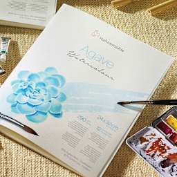 Hahnemühle Agave Watercolor Paper (shown with watercolor paints and brush)