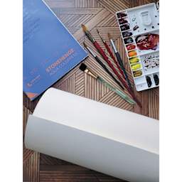 Legion Stonehenge Aqua Watercolor Roll - Cold Press, 31" x 10 yd, 140 lb, shown with art supplies