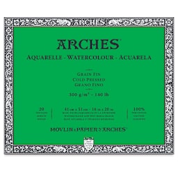 Arches Watercolor Block - Cold Press, 16" x 20", 140 lb (300 gsm), 20 sheets. Green cover.