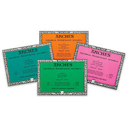 Arches Watercolor Blocks. Fronts of four blocks of rough, cold, and hot press finishes.