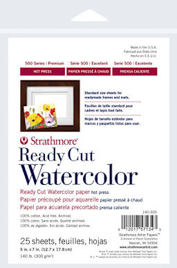 Front of package of Ready Cut Watercolor Sheets - Hot press, 5"x 7"