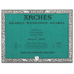 Arches Watercolor Blocks - 9" x 12", Cold Press, 300 lb (640 gsm), 10 sheets. Teal cover.