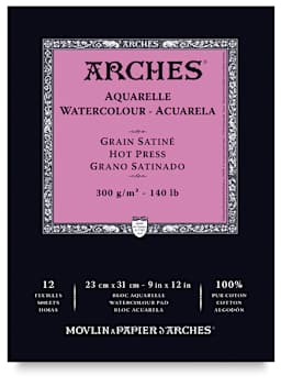 Arches Watercolor Pad - 9'' x 12'', 140 lb, Hot Press, Fold-over, 12 Sheets