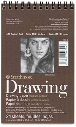 Strathmore 400 Series Drawing Paper Pads - 4" x 6", 24 sheets. Front of spiral bound pad.