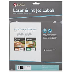 Maco Laser/Ink Jet White Multi-Purpose Labels - Full Sheet Label, Pkg of 25 Sheets (Back of package)