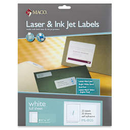 Maco Laser/Ink Jet White Multi-Purpose Labels - Front of package of 25 Full Sheet Labels
