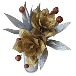 Lia Griffith Crepe Paper - Vase of 2 Gold Roses with Silver leaves, made with Metallic Collection