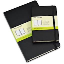 Moleskine Classic Hardcover Notebooks - Top view of 2 sizes of Black Moleskine Notebooks with labels