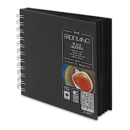 Fabriano Hardcover Black Sketchbook - Right angled view of Square Sketchbook with label
