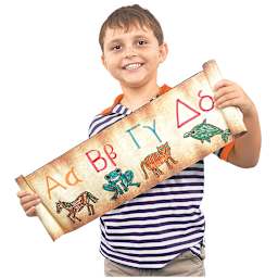 Roylco Rolly Scrolly Paper - Child holding art on open scroll
