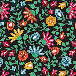 Cricut Joy Adhesive-Backed Deluxe Paper - By Design, 4-1/2” x 12”, Package of 10, Sheets (Color swatch, Pink/Yellow/Blue/Red flowers on black background)