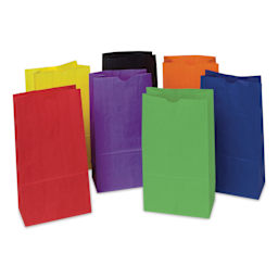Creativity Street Kraft Bags - Brights, Pkg of 28, 6" L x 3-6/10" W x 11" H - seven bags shown upright