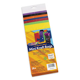 Creativity Street Kraft Bags - Brights, Pkg of 28, 4-1/10" L x 2-6/10" W x 8" H - front of packaging