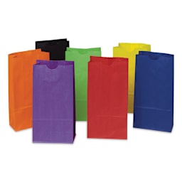 Creativity Street Kraft Bags - Brights, Pkg of 28, 4-1/10" L x 2-6/10" W x 8" H - seven bags shown upright