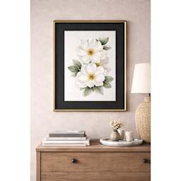 Crescent Berkeley Black Core Matboard, used as matting for framed floral artwork.