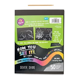 Now You See It Scratch and Reveal Art Paper - Silver Shine, Pkg of 50 Sheets, front of the packaging and etching stick