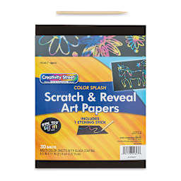 Now You See It Scratch and Reveal Art Paper - Color Splash, Pkg of 30 Sheets, front of the packaging and etching stick