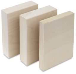 American Easel Wood Painting Panels - Angled view of 3 pack of 1 Flat and 2 Deep 5"x 7" panels 