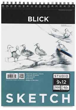 Blick Studio Sketch Pad-9" x 12" 100 Sheets. Front of pad, wirebound at top.